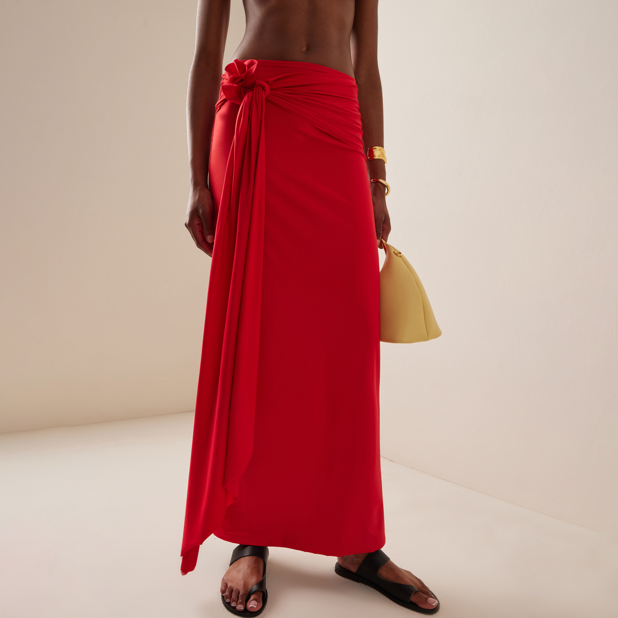 One Shoulder 3D Flower Red Solid Color One Piece Swimsuit and Skirt