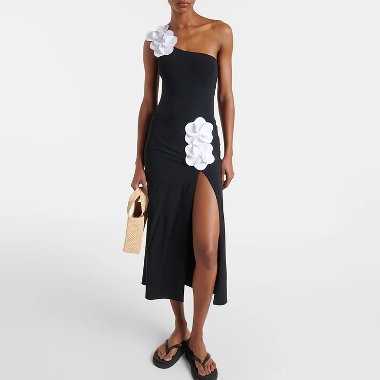 Oblique Shoulder 3D Flower Color Block One Piece Swimsuit And Skirt