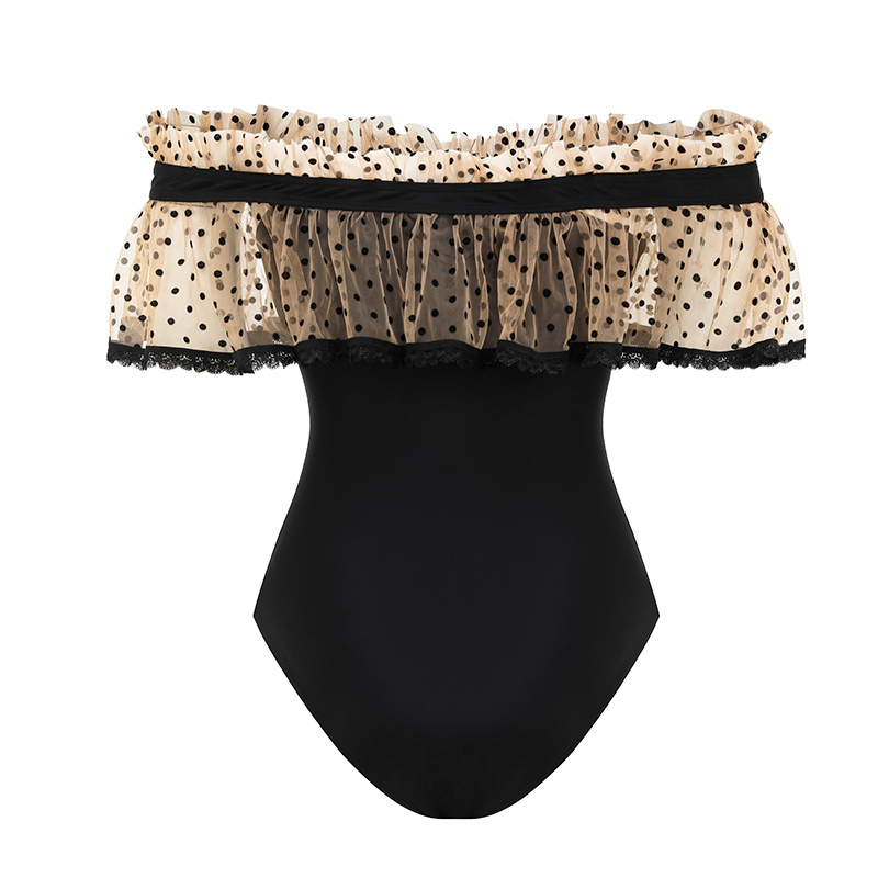 Off Shoulder Ruffle Dot Printed One Piece Swimsuit and Skirt Flaxmaker