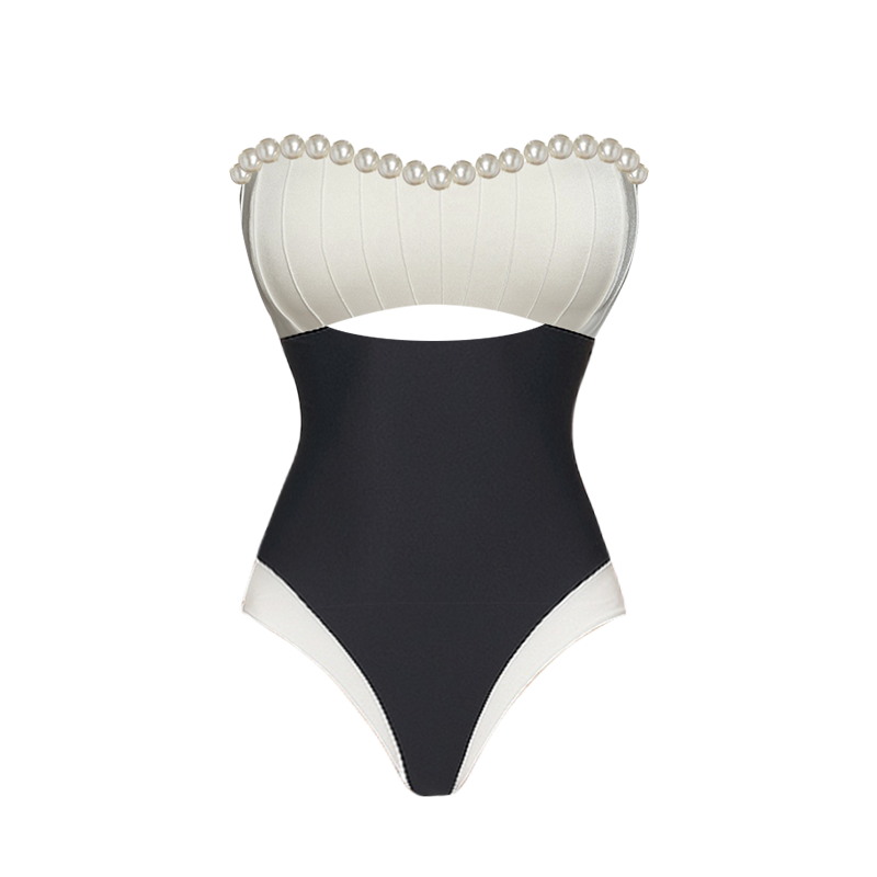 Off Shoulder Artificial Pearl Decor White One Piece Swimsuit and Skirt