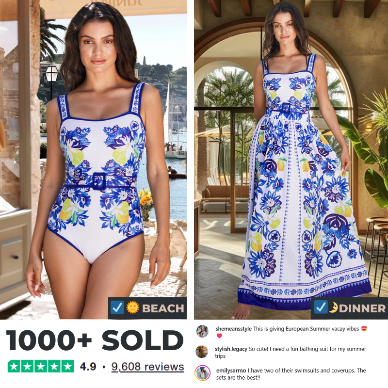 Sling Lemon and Creative Pattern Print One Piece Swimsuit and Skirt