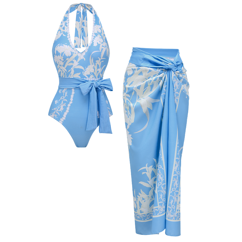 [Copy]V Neck Blue Violet Flower Print Swimsuit Set(s)