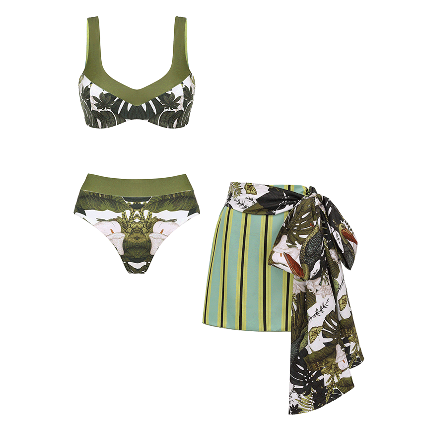 Reversible Green Plant Print High Waist Bikini Swimsuit Set(s)
