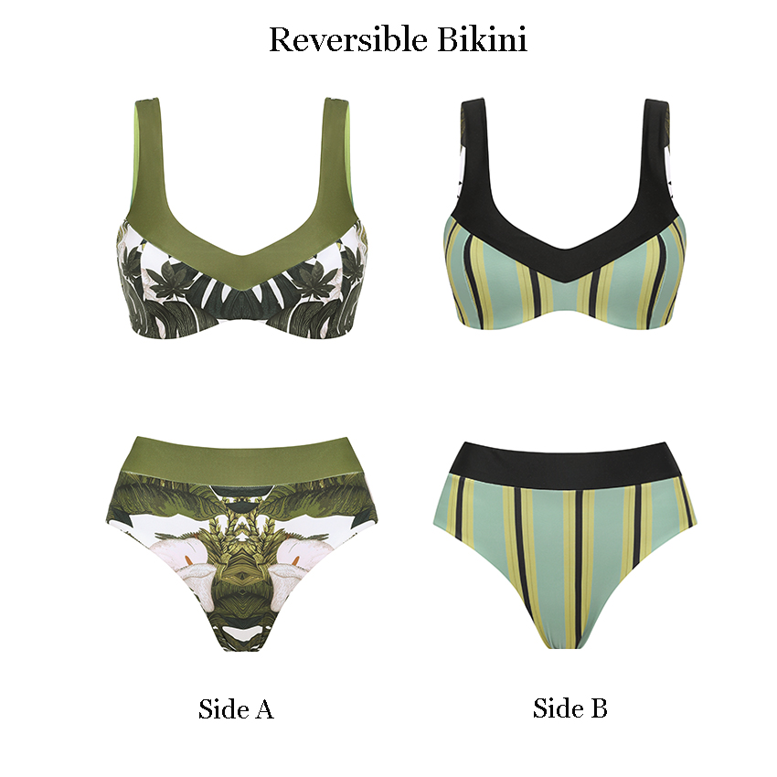 Reversible Green Plant Print High Waist Bikini Swimsuit Set(s)