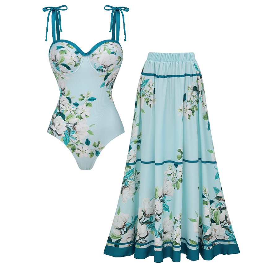 Light Cyan Flower Print Tie-shoulder Swimsuit Set(s)
