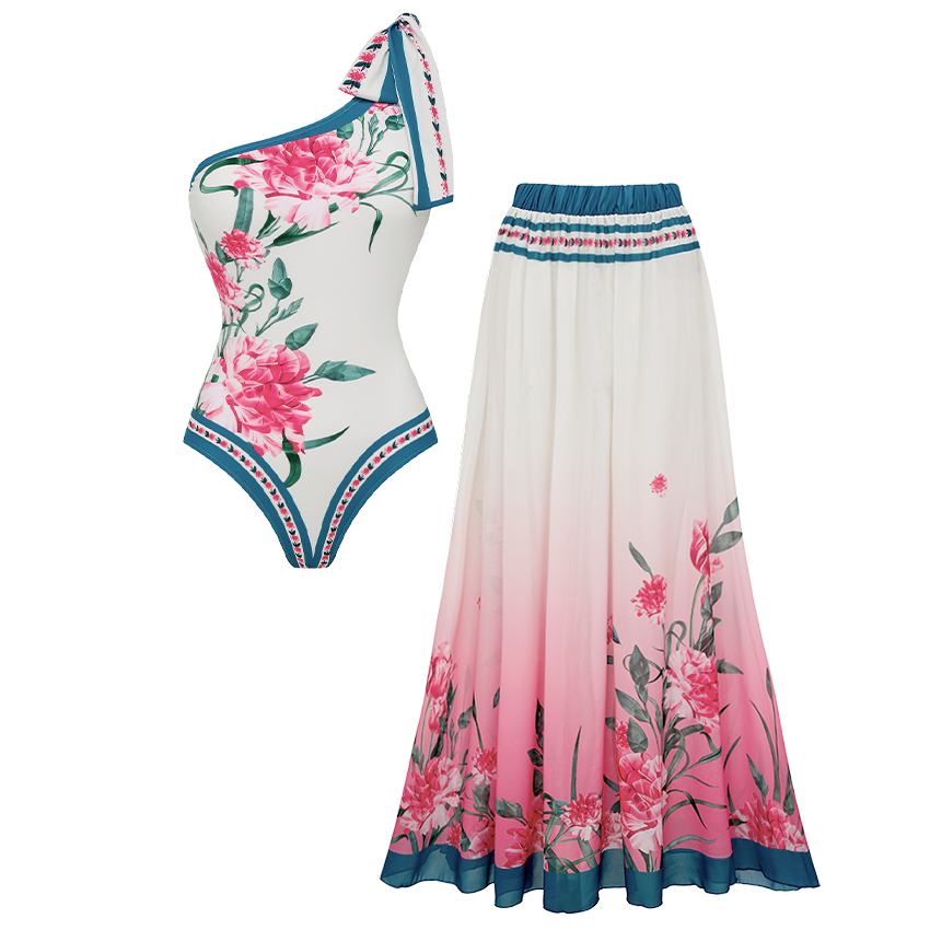 [Copy]One-Shoulder Blue And White Flower Print Swimsuit Set(s)