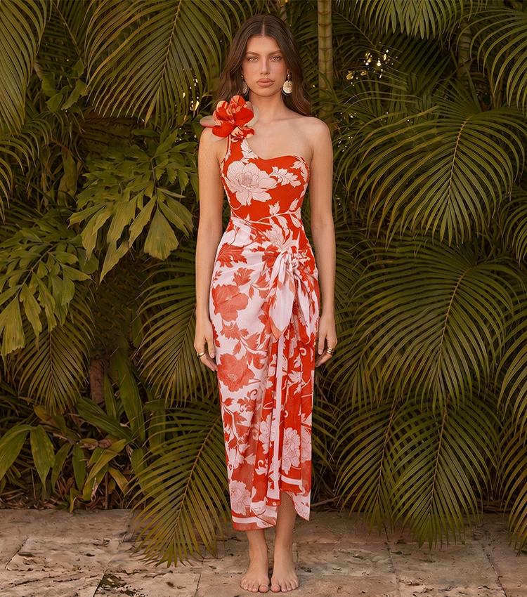 One Shoulder 3D Flower Red Print Swimsuit Set(s)