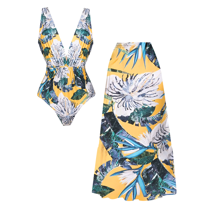 V Neck Flower Print Ruched Yellow Swimsuit Set(s)