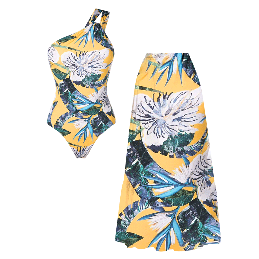 [Copy][Copy][Copy][Copy][Copy][Copy][Copy]Tie-shoulder Blue Leaves Print Swimsuit Set(s)
