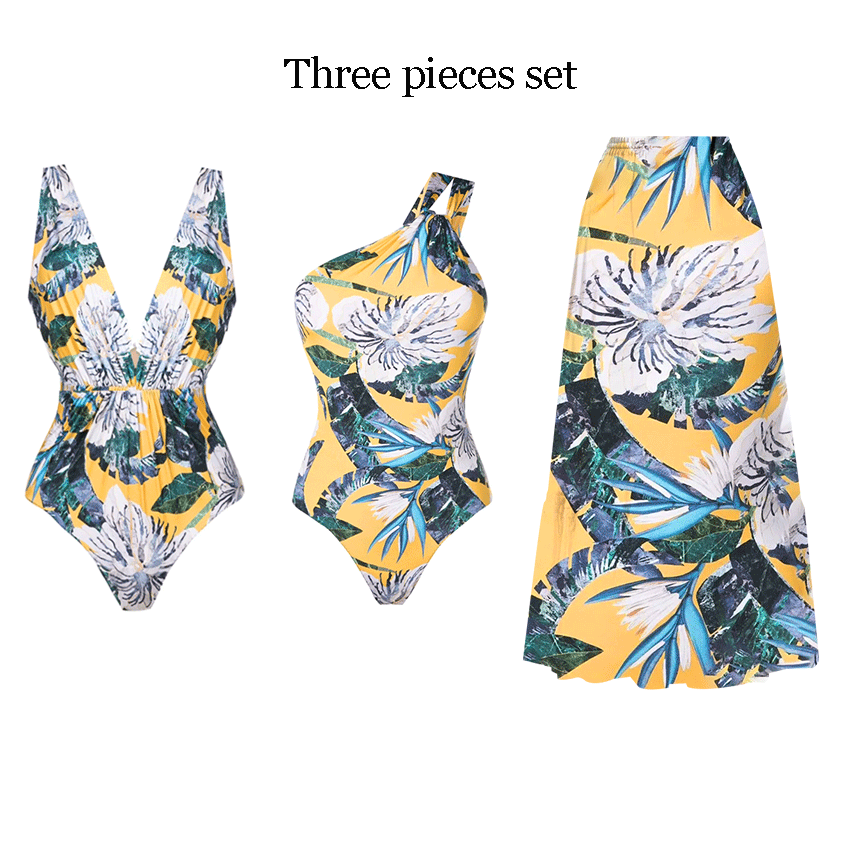 V Neck Flower Print Ruched Yellow Swimsuit Set(s)
