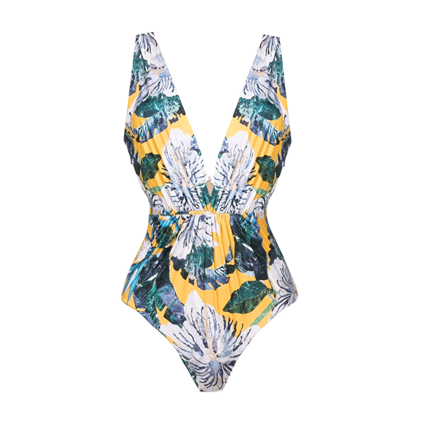 V Neck Flower Print Ruched Yellow Swimsuit Set(s)