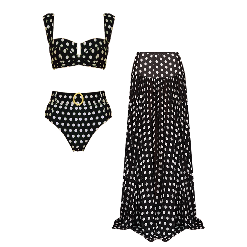  High Waist Bikini Black Polka Dots Print Swimsuit Set(s)