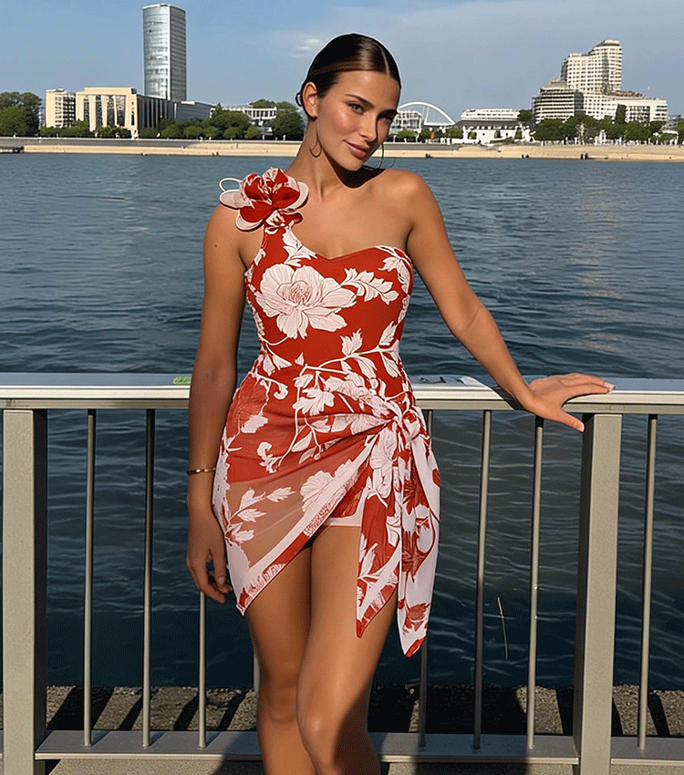 One Shoulder 3D Flower Red Print Swimsuit Set(s)