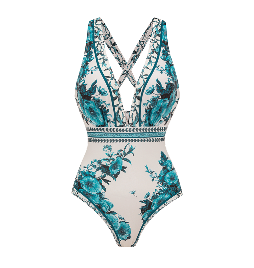V Neck Dark Cyan Botanical Flower Print Swimsuit Set(s)