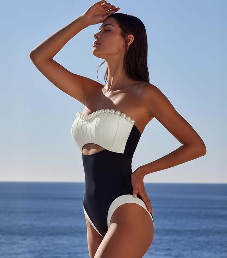 Off Shoulder Artificial Pearl Decor White One Piece Swimsuit and Skirt