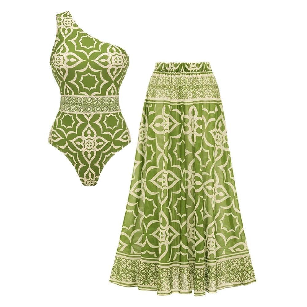 One Shoulder Retro Print One Piece Swimsuit and Skirt