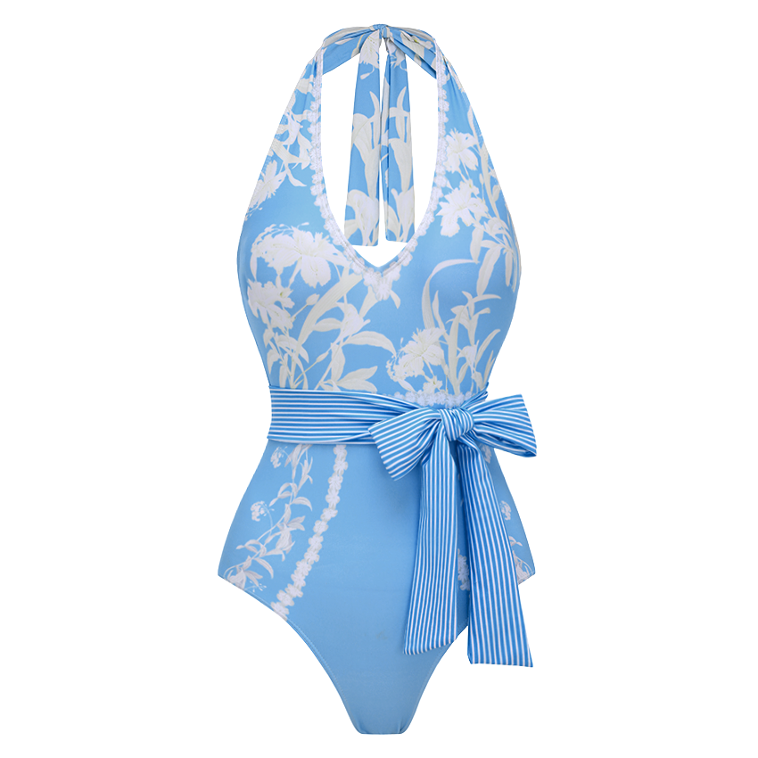 [Copy]V Neck Blue Violet Flower Print Swimsuit Set(s)