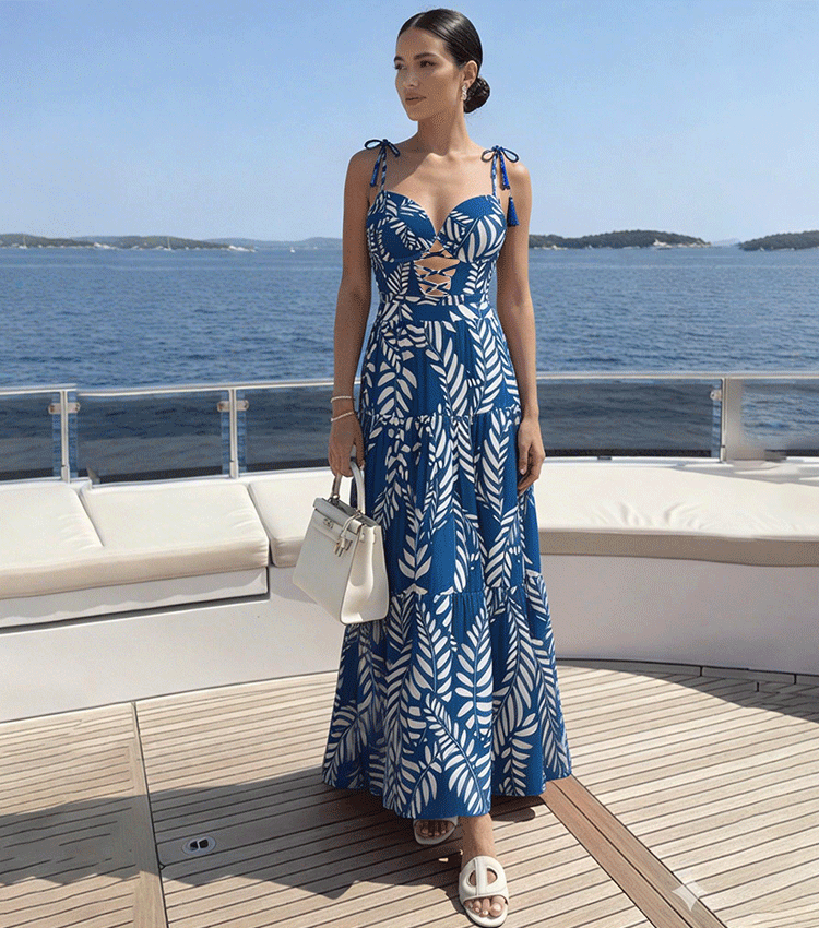 Sling Blue Tassel Leaves Print Swimsuit Set(s)