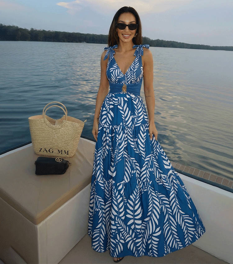 BLUE Sling White Folwer Solid Color Swimsuit Set(s)