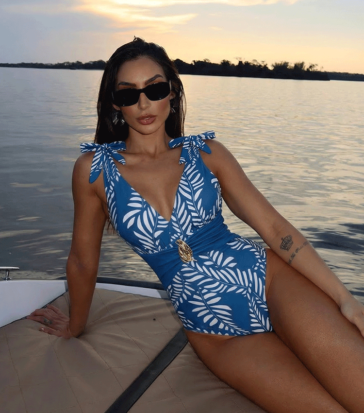 BLUE Sling White Folwer Solid Color Swimsuit Set(s)