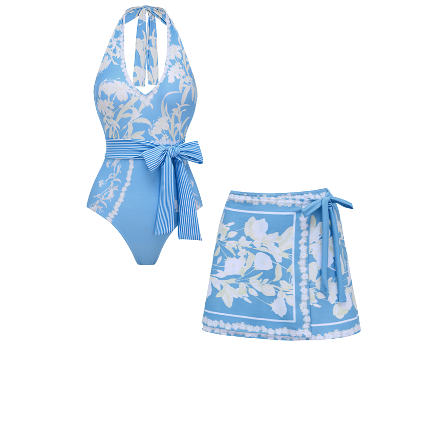[Copy]V Neck Blue Violet Flower Print Swimsuit Set(s)