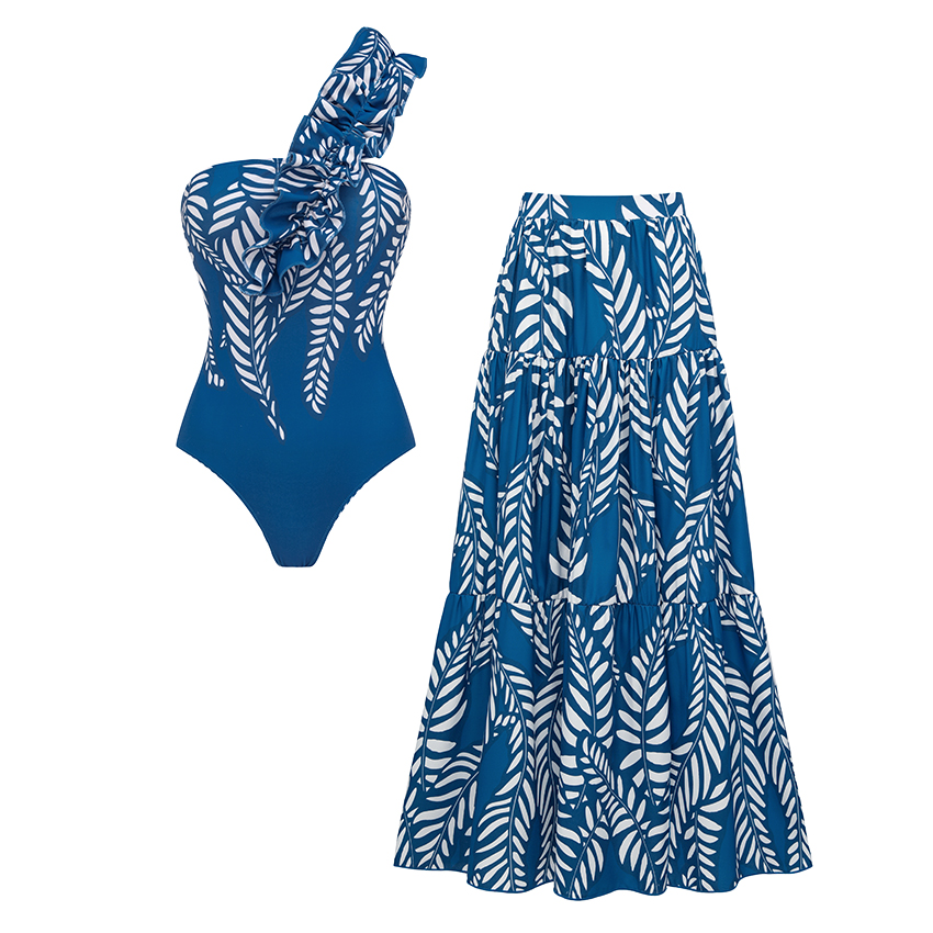 [Copy]BLUE Sling White Folwer Solid Color Swimsuit Set(s)