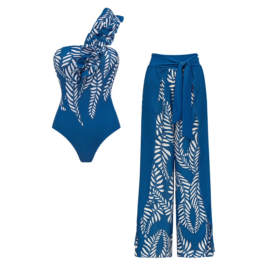 [Copy]BLUE Sling White Folwer Solid Color Swimsuit Set(s)