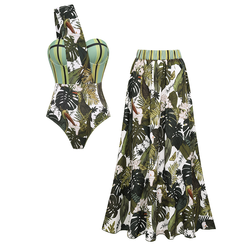 [Copy][Copy][Copy][Copy]Tie-shoulder Blue Leaves Print Swimsuit Set(s)