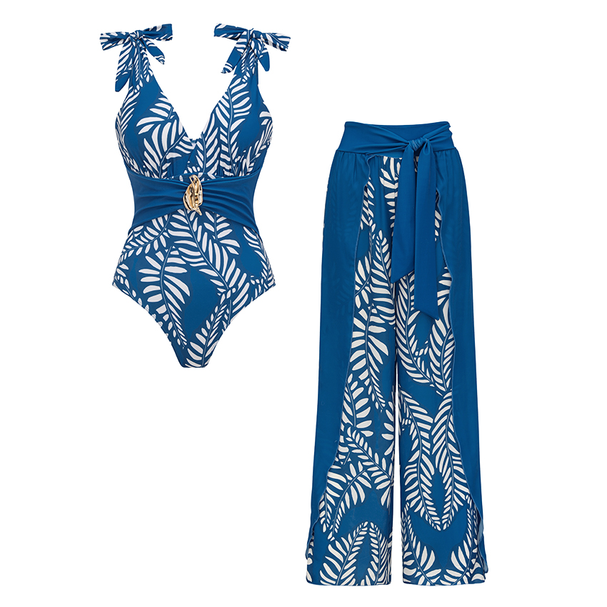 BLUE Sling White Folwer Solid Color Swimsuit Set(s)