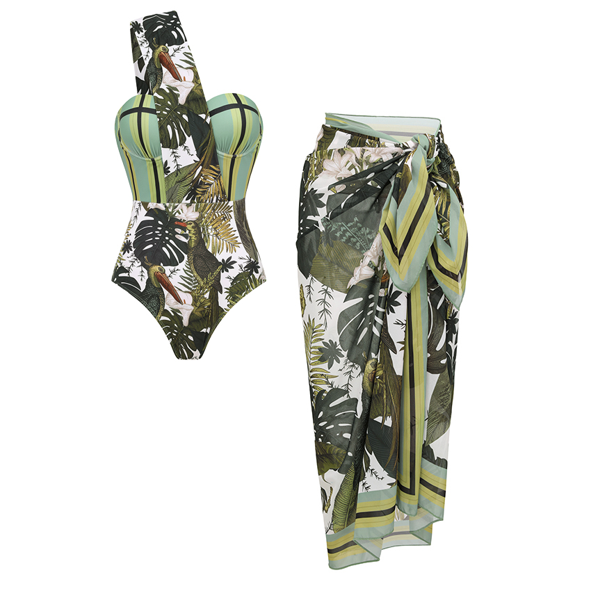 [Copy][Copy][Copy][Copy]Tie-shoulder Blue Leaves Print Swimsuit Set(s)