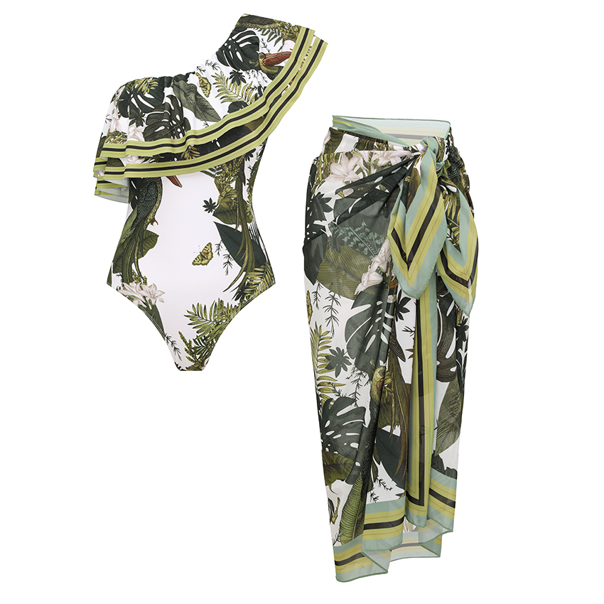 [Copy][Copy][Copy]Tie-shoulder Blue Leaves Print Swimsuit Set(s)