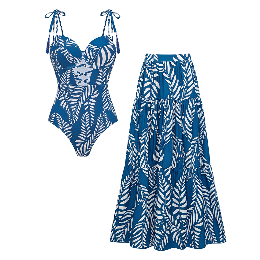 Sling Blue Tassel Leaves Print Swimsuit Set(s)