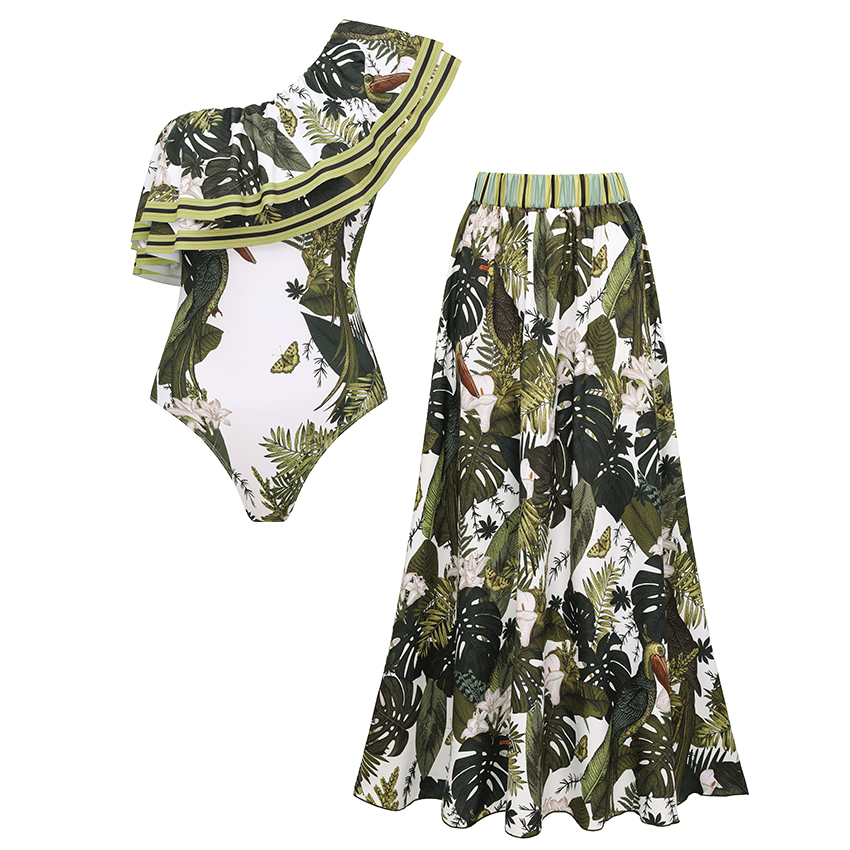 [Copy][Copy][Copy]Tie-shoulder Blue Leaves Print Swimsuit Set(s)