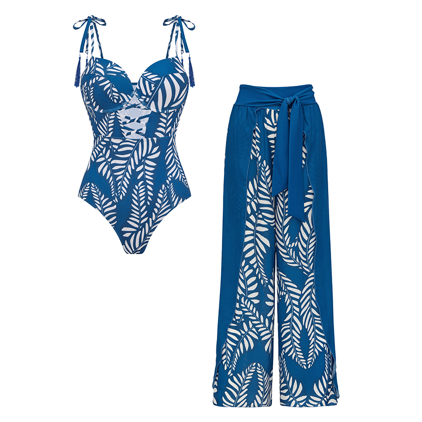 Sling Blue Tassel Leaves Print Swimsuit Set(s)