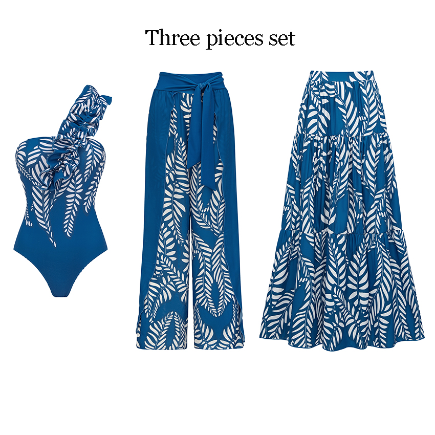 [Copy]BLUE Sling White Folwer Solid Color Swimsuit Set(s)