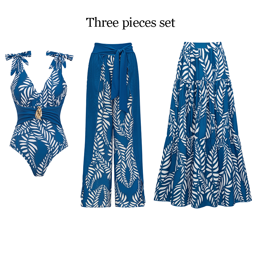 BLUE Sling White Folwer Solid Color Swimsuit Set(s)