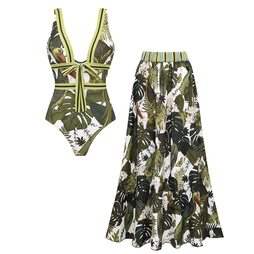 [Copy][Copy]Tie-shoulder Blue Leaves Print Swimsuit Set(s)