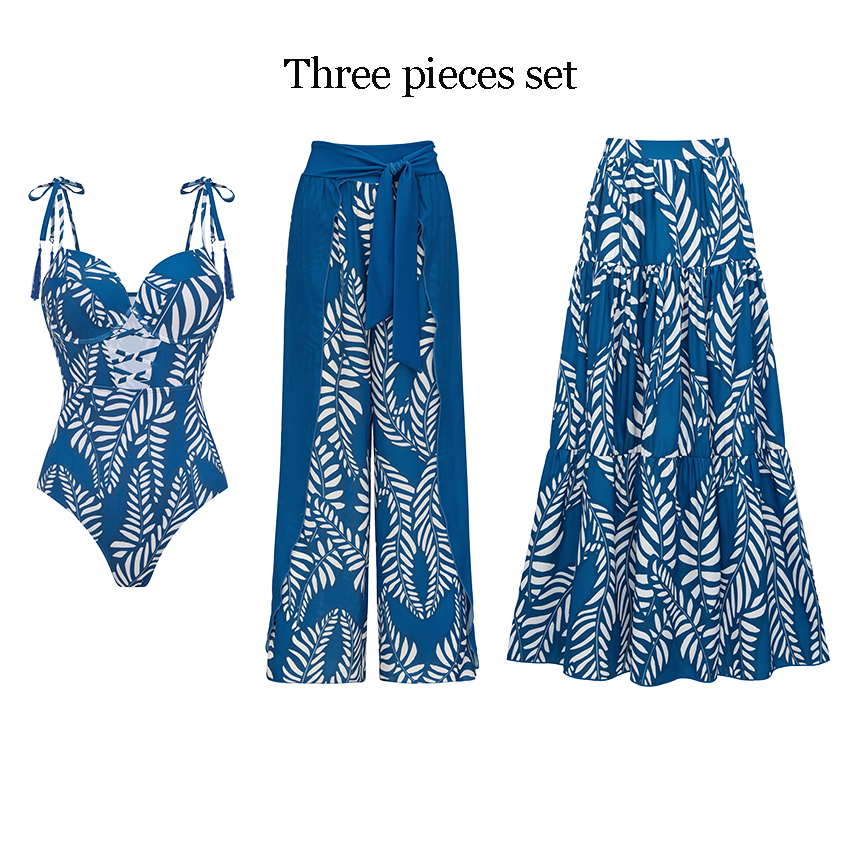 Sling Blue Tassel Leaves Print Swimsuit Set(s)
