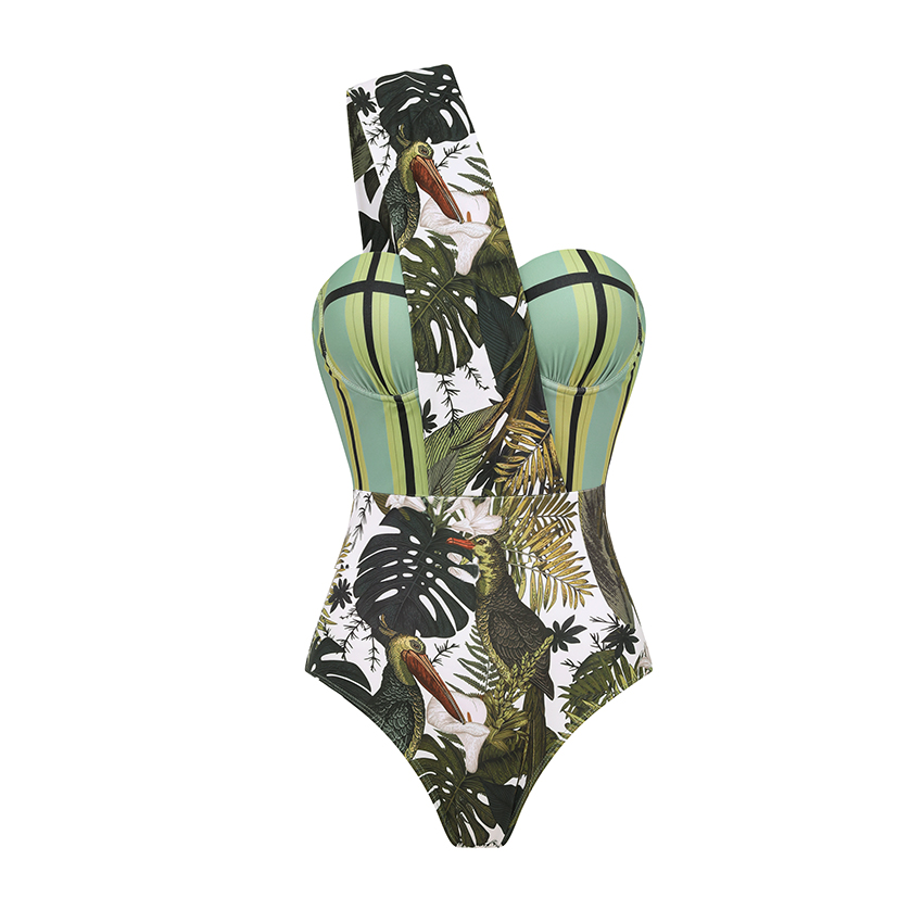 [Copy][Copy][Copy][Copy]Tie-shoulder Blue Leaves Print Swimsuit Set(s)