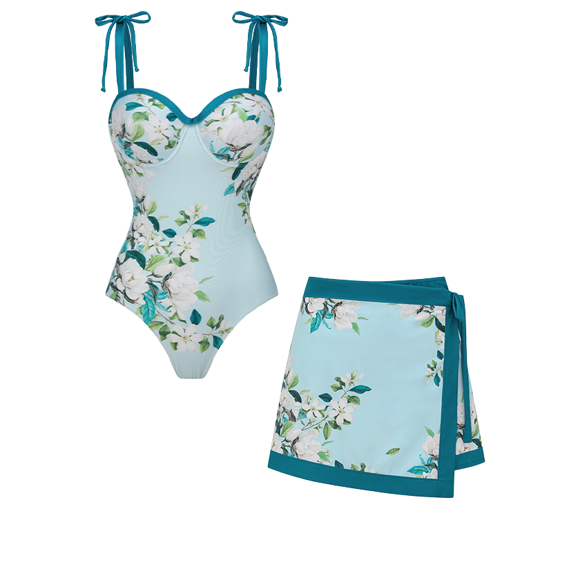 Light Cyan Flower Print Tie-shoulder Swimsuit Set(s)