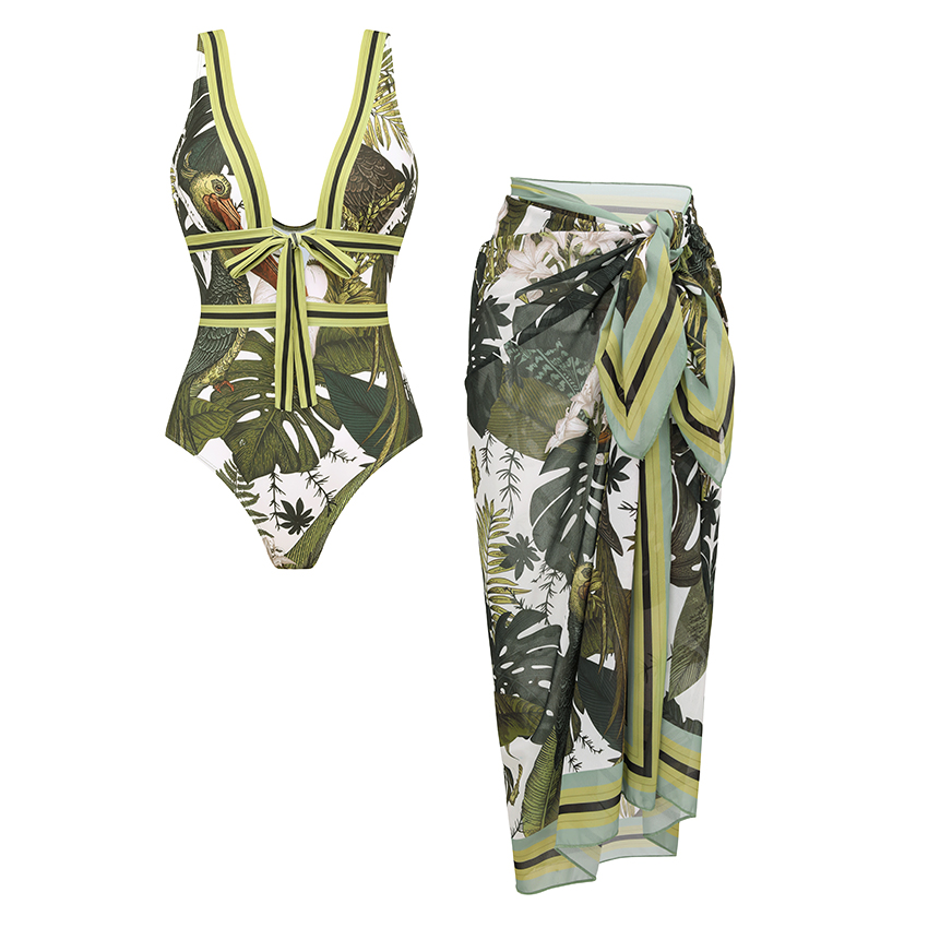 [Copy][Copy]Tie-shoulder Blue Leaves Print Swimsuit Set(s)