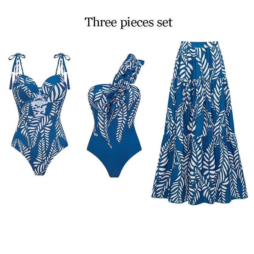 Sling Blue Tassel Leaves Print Swimsuit Set(s)