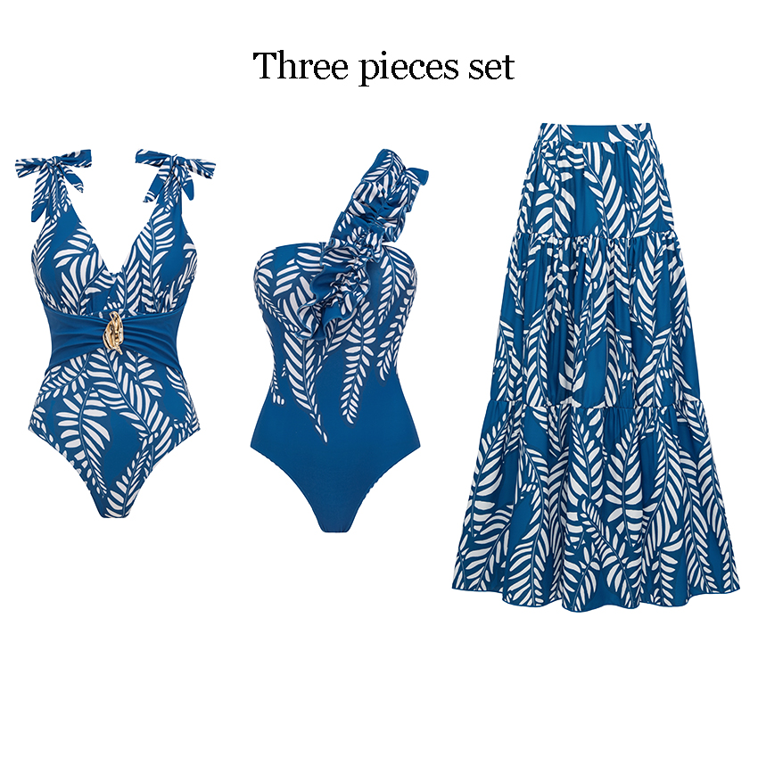 BLUE Sling White Folwer Solid Color Swimsuit Set(s)