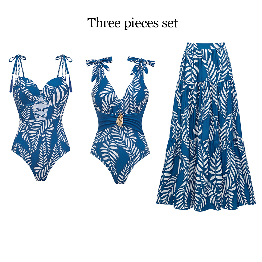 Tie-shoulder Blue Leaves Print Swimsuit Set(s)