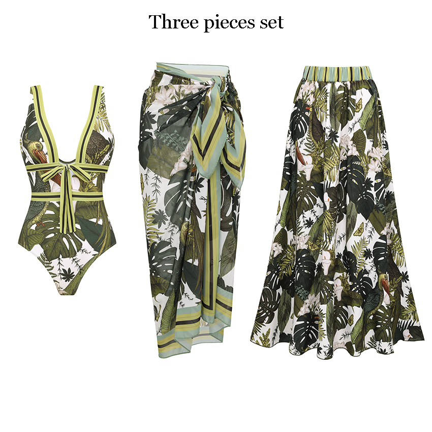 [Copy][Copy]Tie-shoulder Blue Leaves Print Swimsuit Set(s)