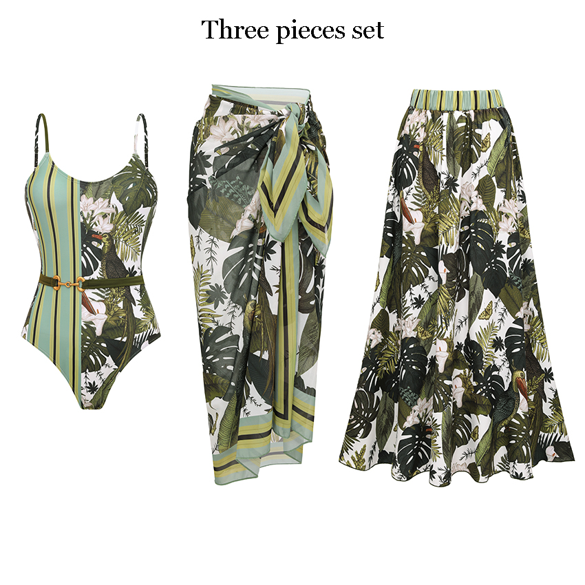 [Copy]Tie-shoulder Blue Leaves Print Swimsuit Set(s)