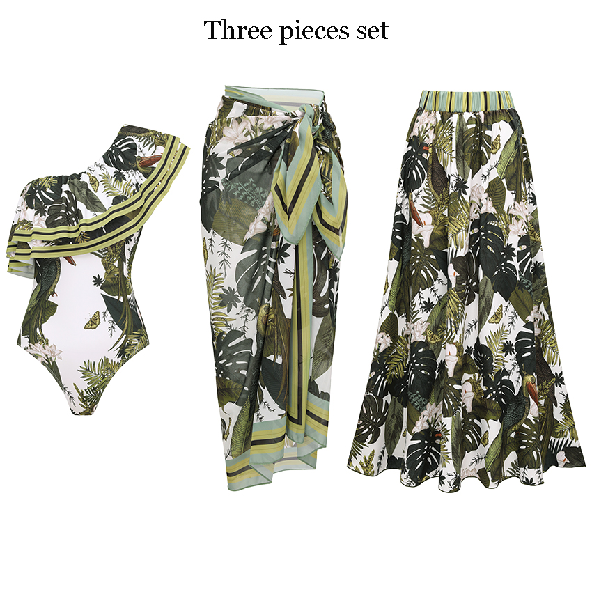 [Copy][Copy][Copy]Tie-shoulder Blue Leaves Print Swimsuit Set(s)