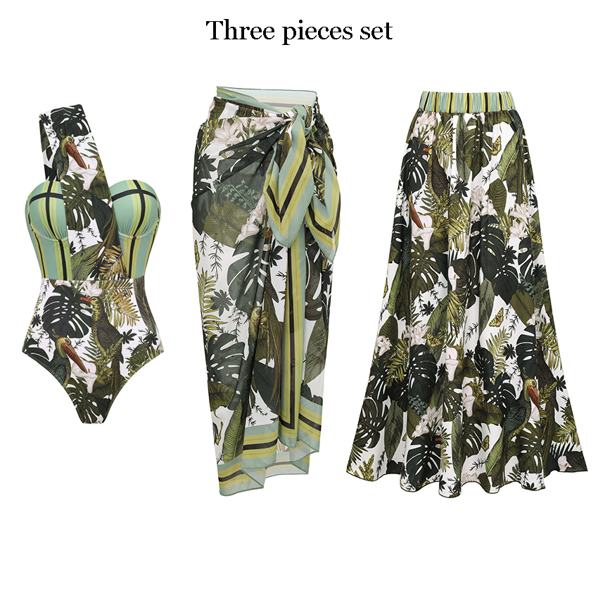 [Copy][Copy][Copy][Copy]Tie-shoulder Blue Leaves Print Swimsuit Set(s)