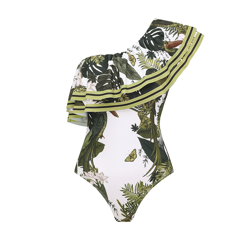 [Copy][Copy][Copy]Tie-shoulder Blue Leaves Print Swimsuit Set(s)