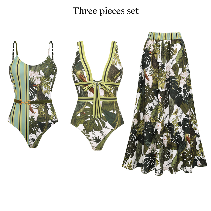 V Neck Green Print Lace Up Swimsuit Set(s)